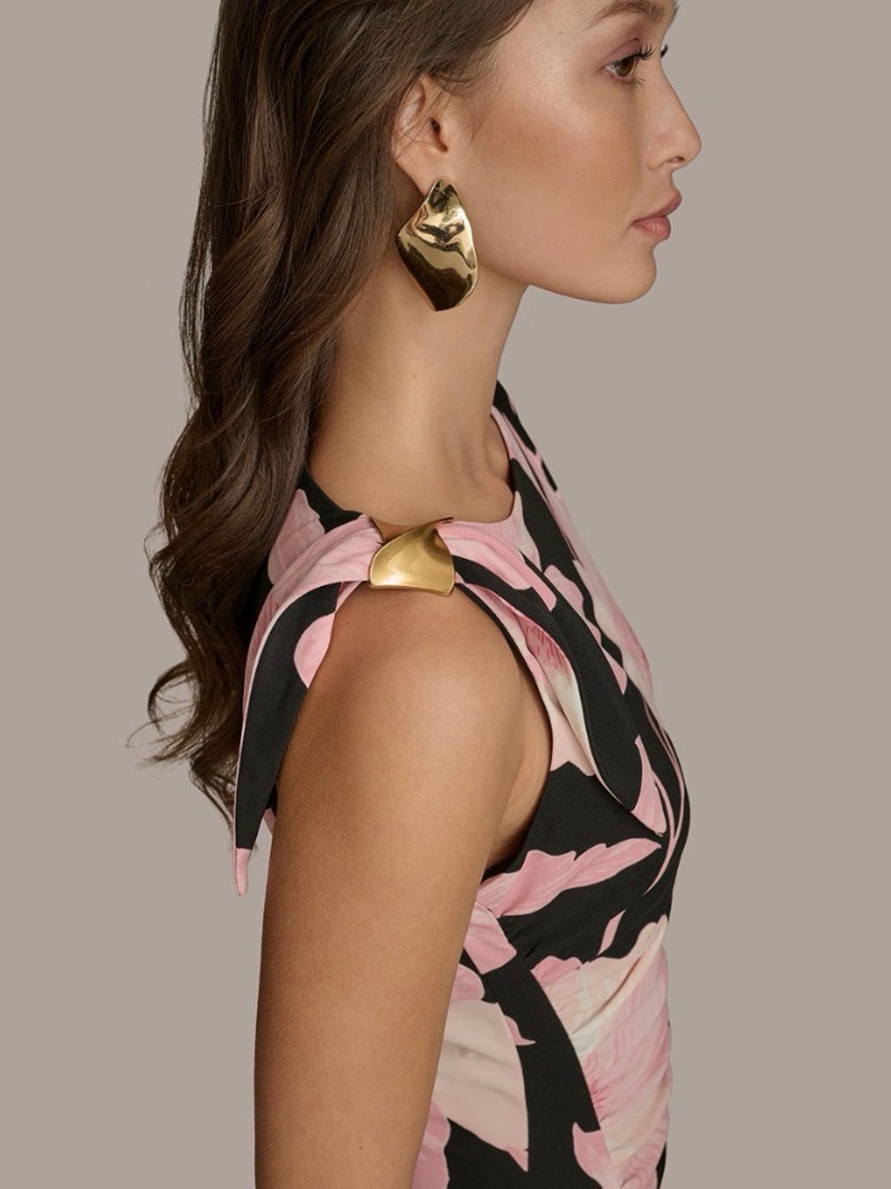 Donna Karan New York Floral Ruched Sheath Dress w Gold Shoulder Knot Hardware